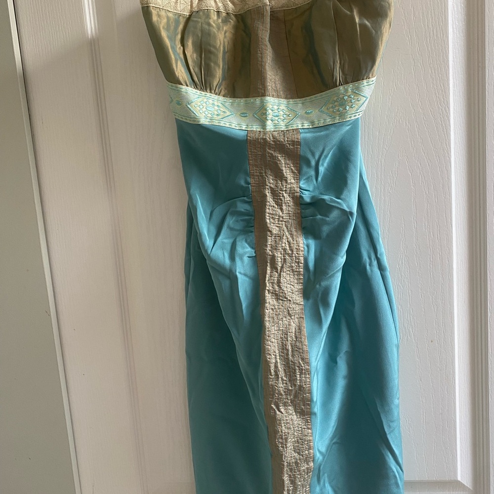 Elegant Blue and Gold Strapless Dress